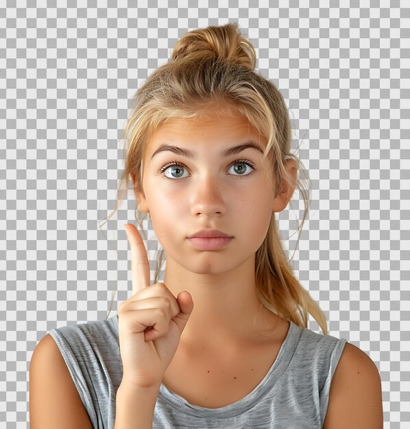 Girl raises finger up Attention please on isolated transparent background