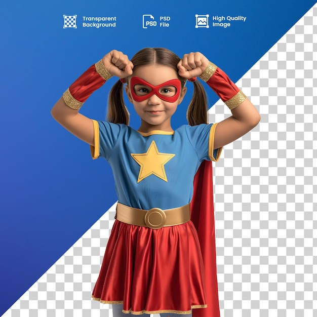 a girl in a red cape is standing in front of a blue background with the words super hero on it