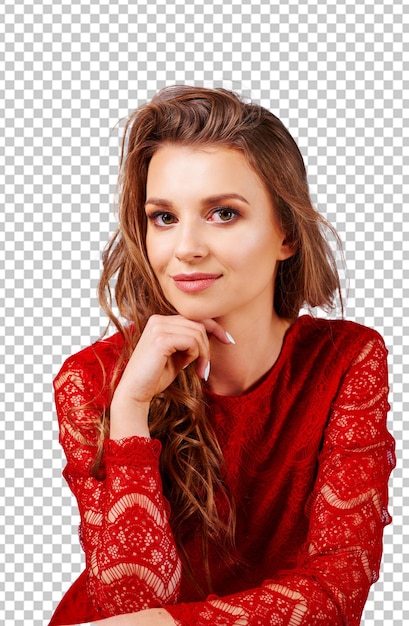 PSD girl in a red dress with a hand on her chin