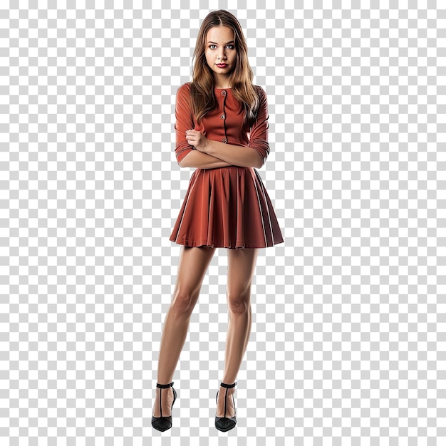 a girl in a red dress with her arms crossed