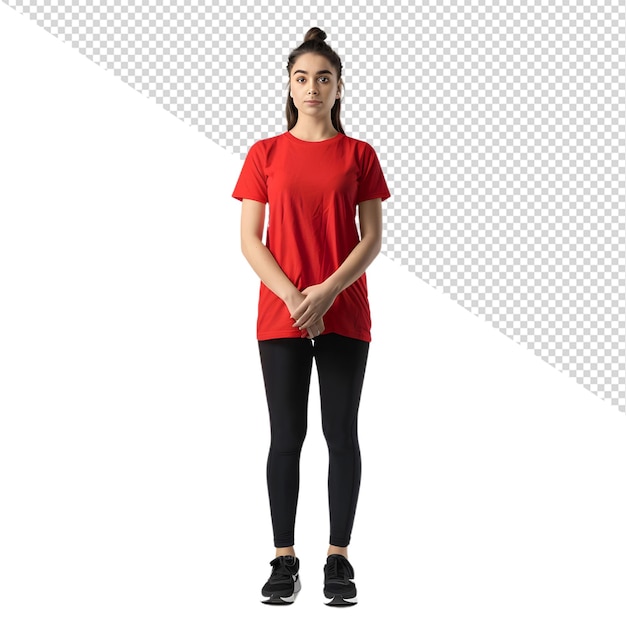 PSD a girl in a red shirt stands in front of a white background with a white background