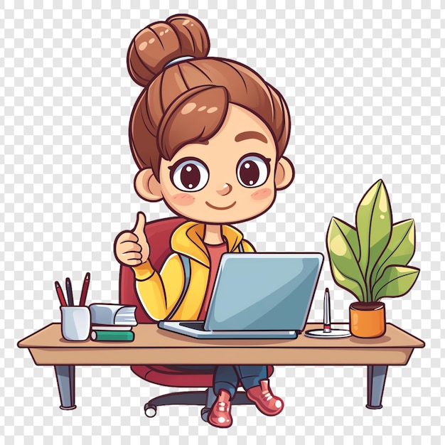 a girl sits at a desk with a laptop and a plant