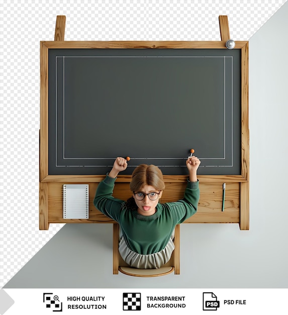 PSD a girl sitting at a desk with a chalkboard behind her holding a piece of chalk in each hand isolated on a transparent background