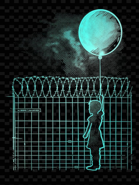 PSD a girl stands on a fence with a balloon in the sky