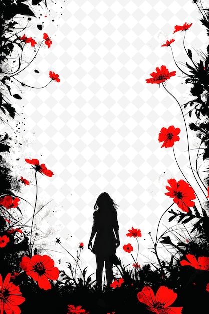 PSD a girl stands in front of a black and white photo of a woman in a field of flowers