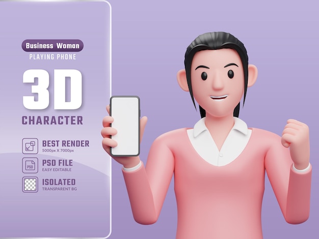 Girl in sweater holding a cell phone while clenching her hands celebrating 3d render character illustration