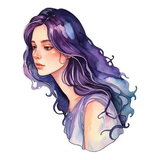 PSD girl watercolor sticker isolated on transparent background