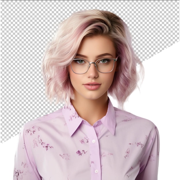 a girl wearing glasses and a shirt with pink hair