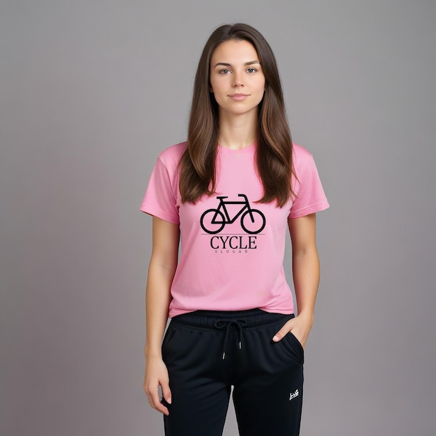 a girl wearing a pink shirt that says bicycle on it