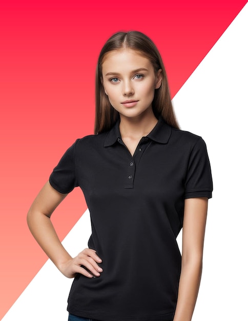 PSD a girl wearing a polo shirt with the word  x  on the front