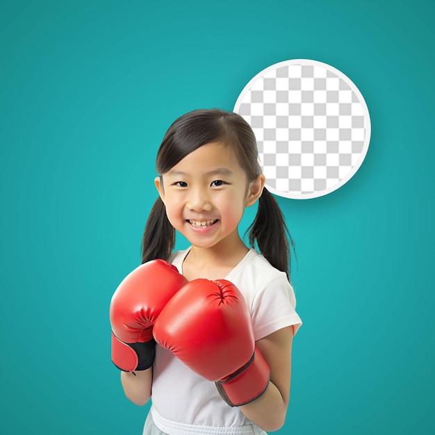 girl wearing red boxing gloves against white background