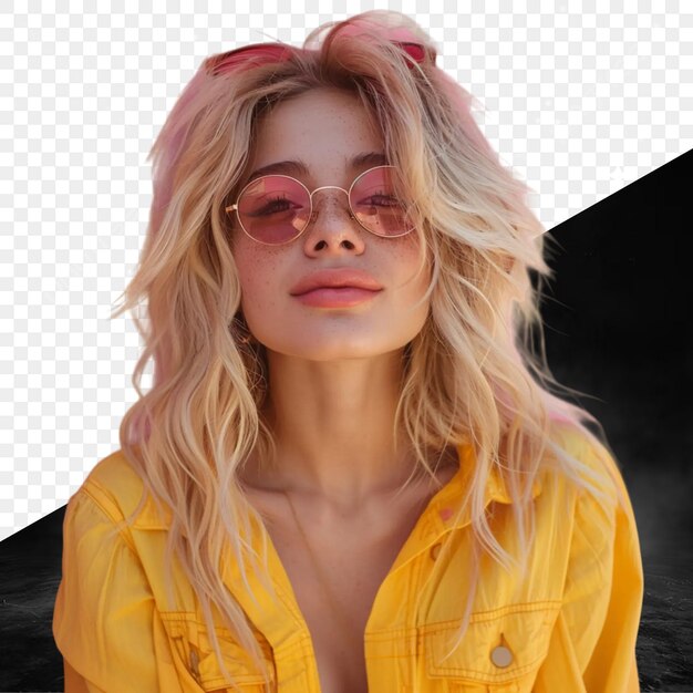 PSD a girl wearing sunglasses and a yellow shirt with a pink bow in the middle