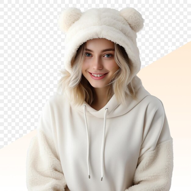 PSD a girl wearing a white hoodie with a white bear on it