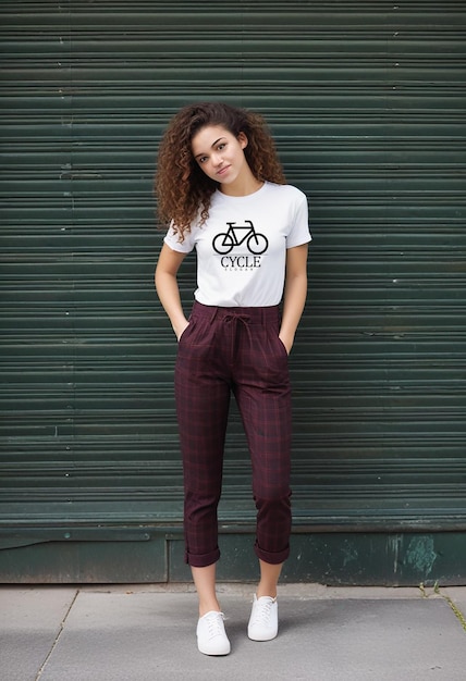 a girl wearing a white shirt that says bike on it