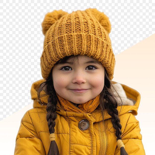 PSD a girl wearing a yellow hat and a brown hat with a brown fur hat