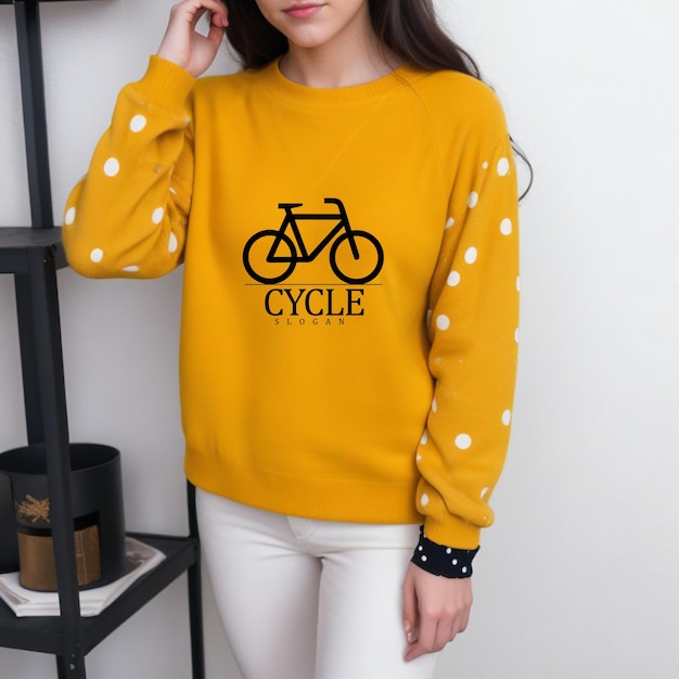 a girl wearing a yellow sweater with a bicycle on the front