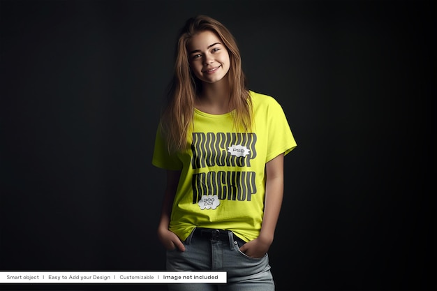 A girl wearing a yellow t - shirt that says t - shirt that says t - shirt design.