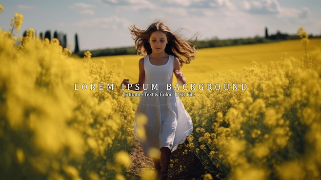 PSD a girl in a white dress runs among a rapeseed field ai generated