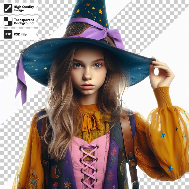 a girl in a witch costume is wearing a hat with a purple top