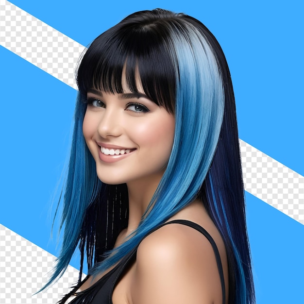 PSD girl with blue hair and a black top has blue and white stripes