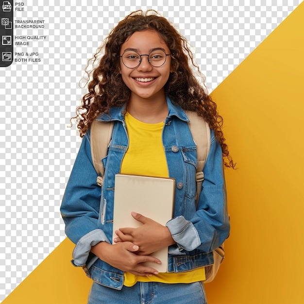 PSD a girl with a blue jean jacket is posing with a book in her hands