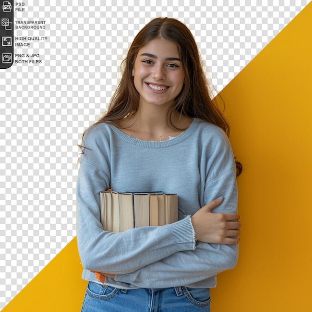 PSD a girl with a book in her arms is standing in front of a yellow background