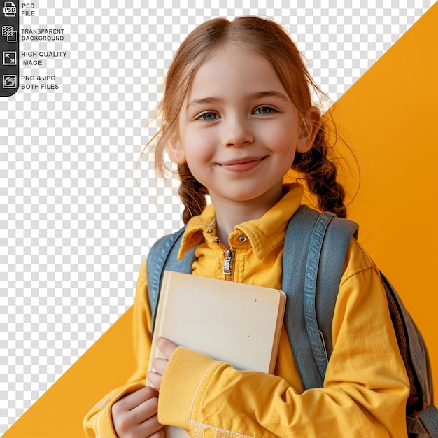 a girl with a book on her back and a picture of a girl holding a book