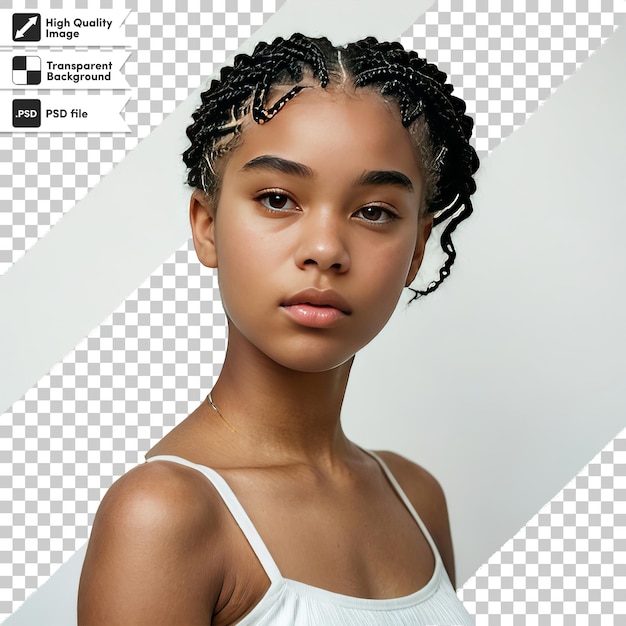 PSD a girl with braided hair is standing in front of a camera