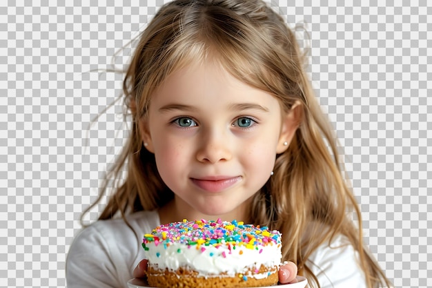 Girl with a cake for a birthday on isolated transparent background