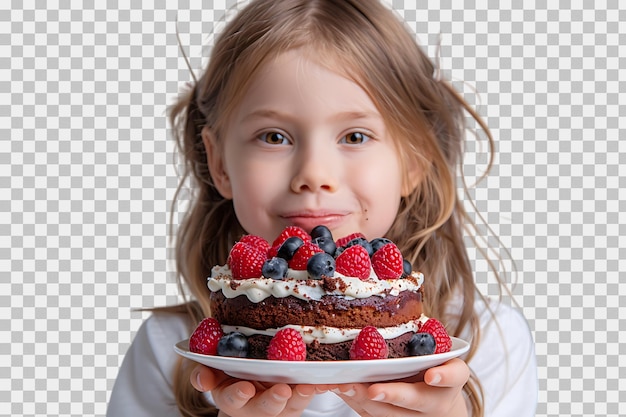 Girl with a cake for a birthday on isolated transparent background