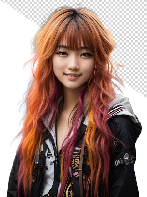 a girl with colorful hair and a jacket that says quot she is posing for a photo quot