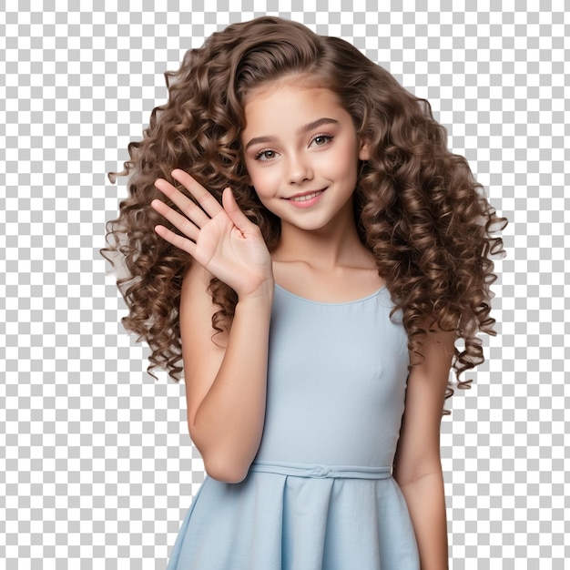 PSD a girl with curly hair holds up a hand with a photo of a girl