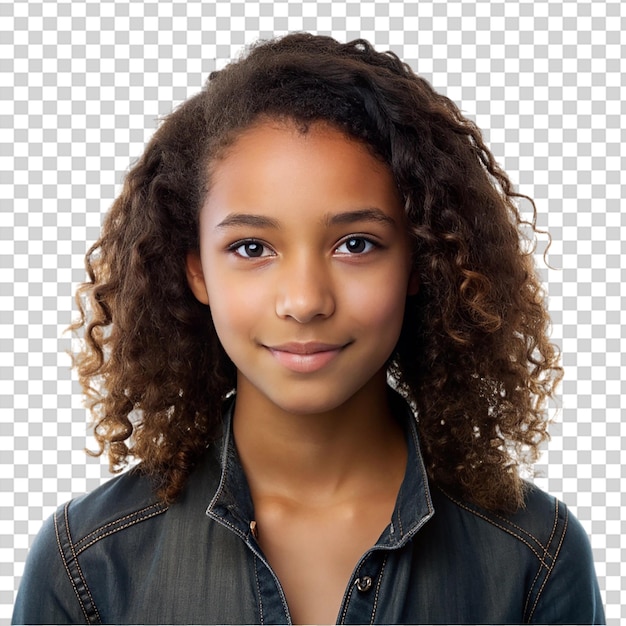 A girl with curly hair smiling on transparent background