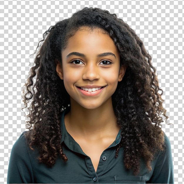 A girl with curly hair smiling on transparent background