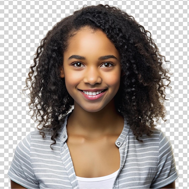 A girl with curly hair smiling on transparent background