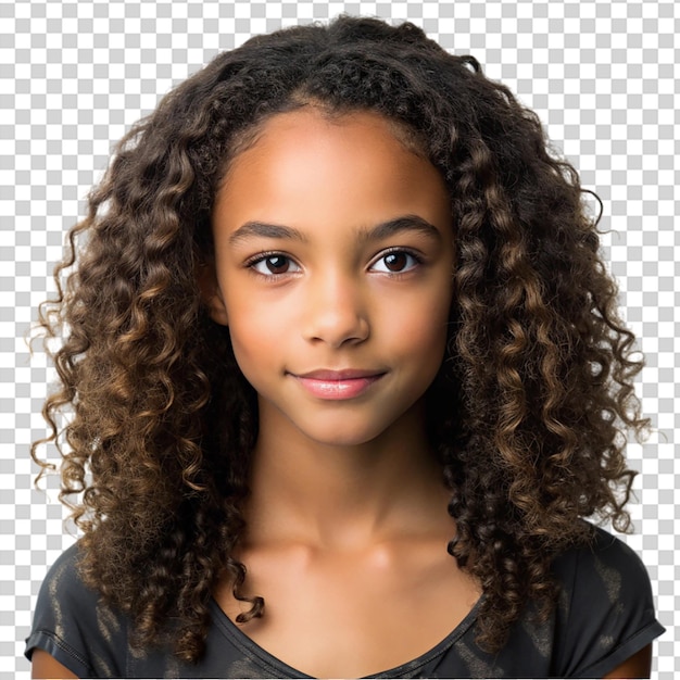 A girl with curly hair smiling on transparent background