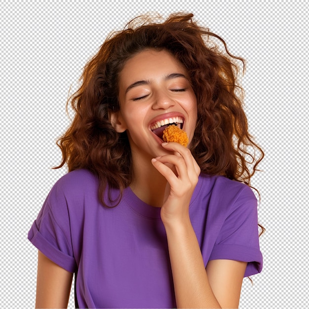 PSD a girl with curly hair wearing a purple shirt that says shes eating