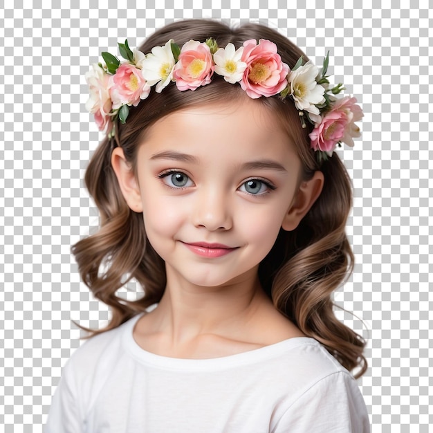 PSD a girl with a flower crown on her head isolated on transparent background