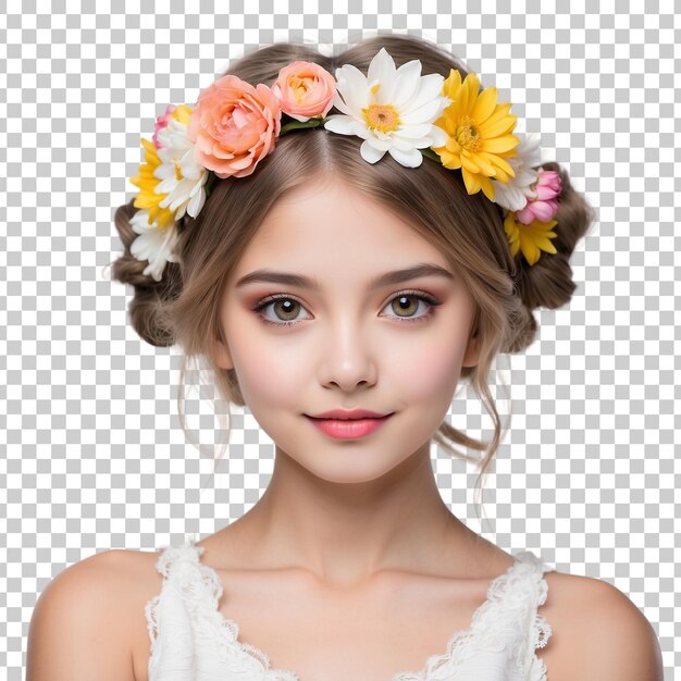 PSD a girl with a flower crown on her head isolated on transparent background