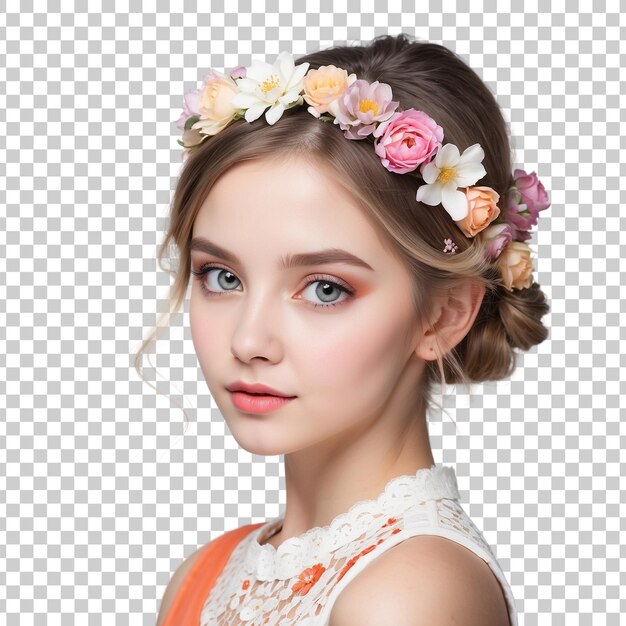 PSD a girl with a flower crown on her head isolated on transparent background