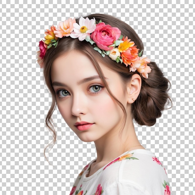 PSD a girl with a flower crown on her head isolated on transparent background