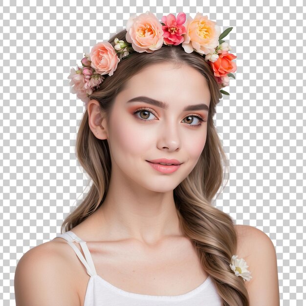 PSD a girl with a flower crown on her head isolated on transparent background