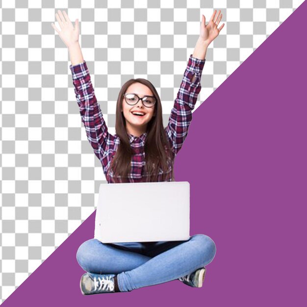 PSD a girl with glasses is sitting on a laptop with her arms raised with transparent background