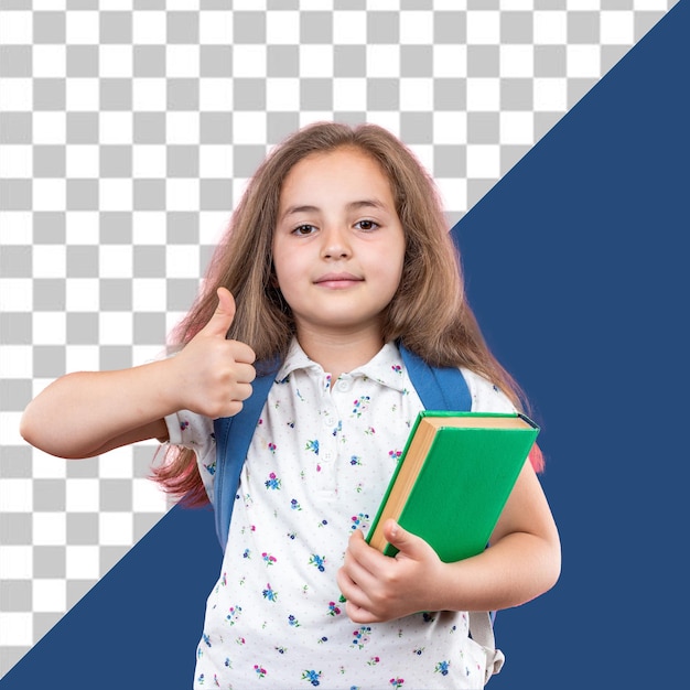 PSD a girl with a green book on her back is giving a thumbs up with transparent background