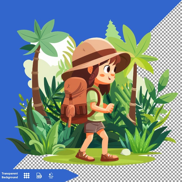 PSD a girl with a hat and a backpack walks through the jungle