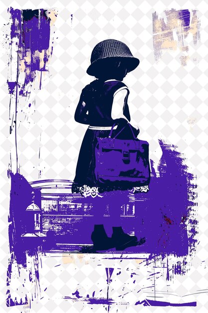 PSD a girl with a hat and a bag is standing in front of a purple background