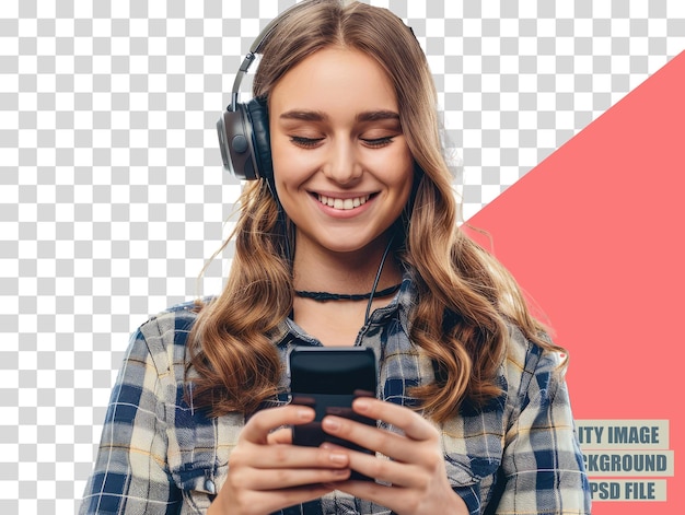 PSD a girl with headphones and a cell phone in front of a red background