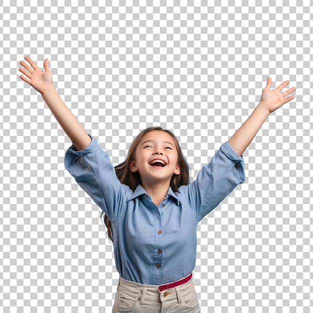 PSD a girl with her arms up in the air and the word im happy