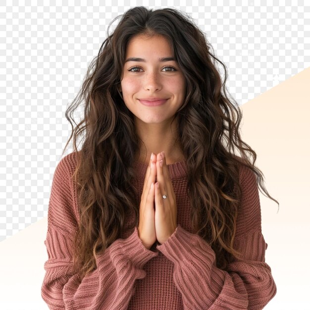 a girl with long curly hair stands in front of a transparent background