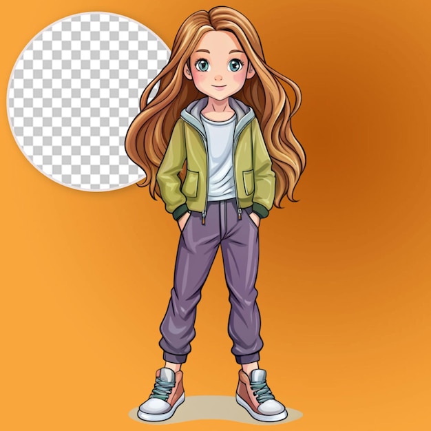 a girl with long hair in a jacket pants sneakers